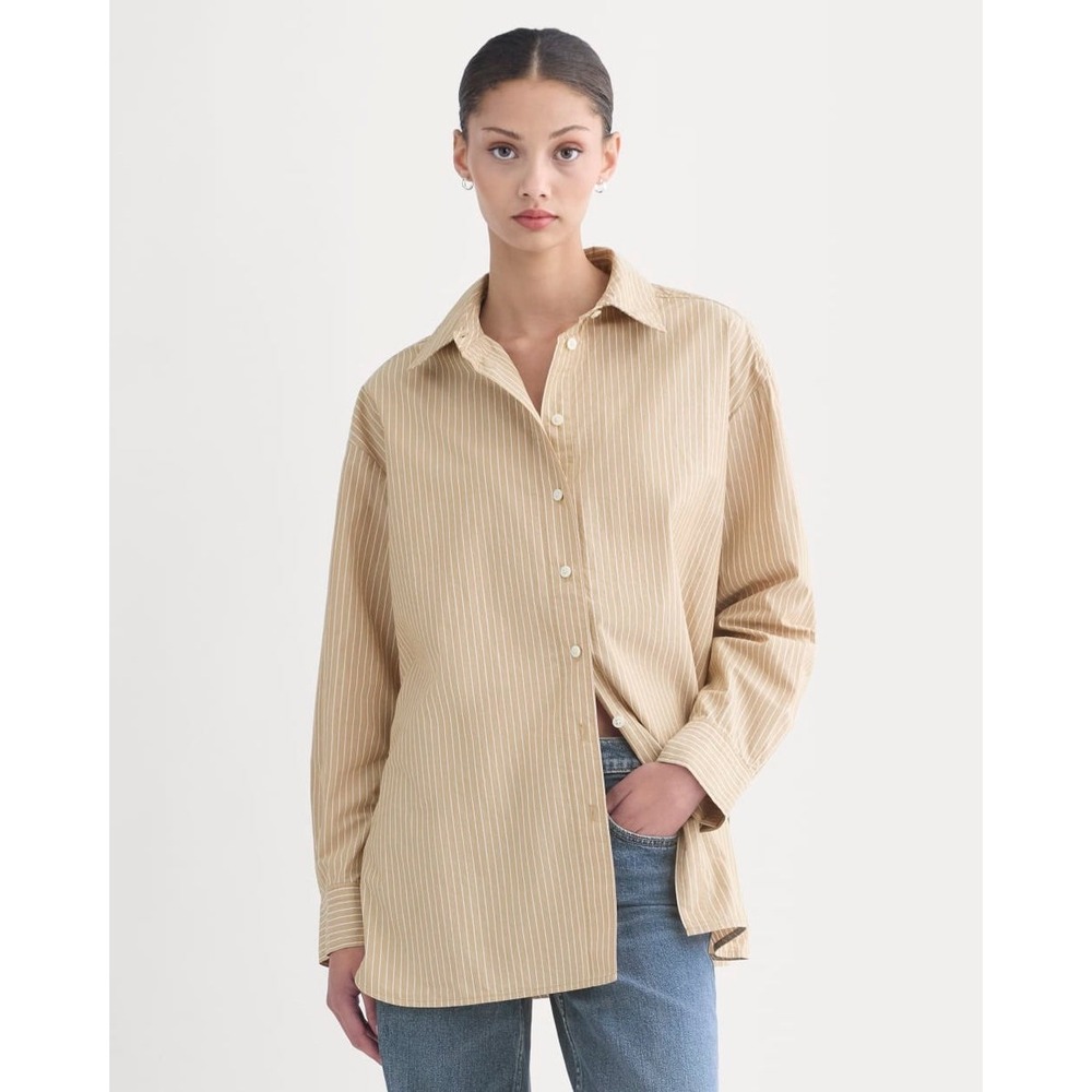 Everlane Boyfriend Shirt Women XXL Tiger's Eye White Pinstripe Office Classic